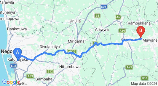 Driving route map: Colombo Airport (CMB) to Molagoda (72 km, approx 2 h 3 min private transfer)