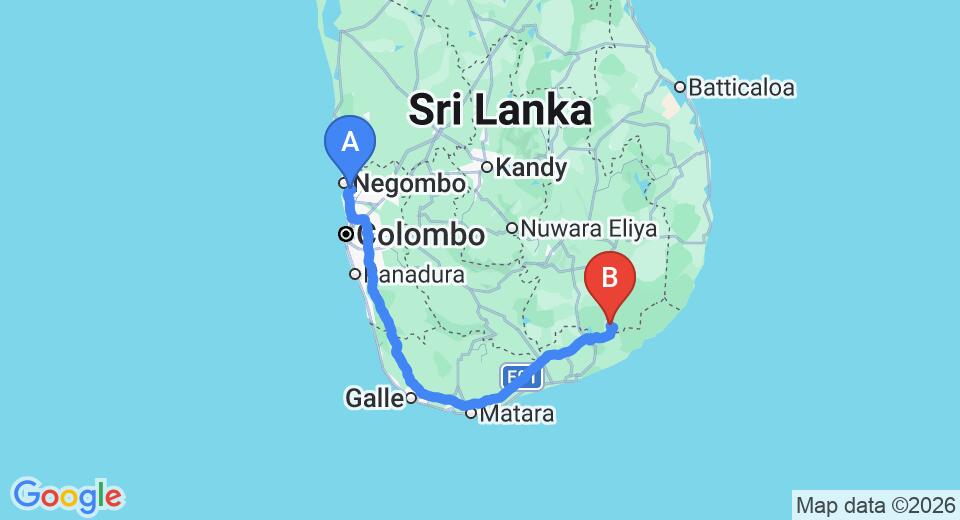 Driving route map: Colombo Airport (CMB) to Gem River Edge, Kataragama (286 km, approx 3 h 46 min private transfer)