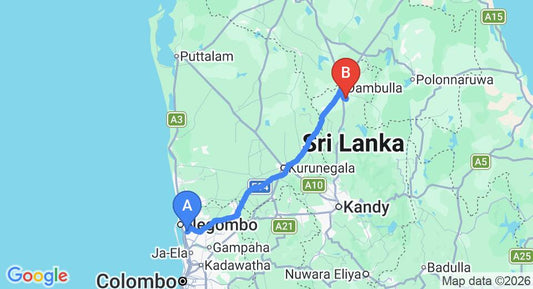 Driving route map: Colombo Airport (CMB) to Raintree, Dambulla (135 km, approx 2 h 58 min private transfer)