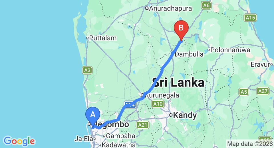 Driving route map: Colombo Airport (CMB) to Camellia Resort and Spa, Sigiriya (147 km, approx 3 h 11 min private transfer)