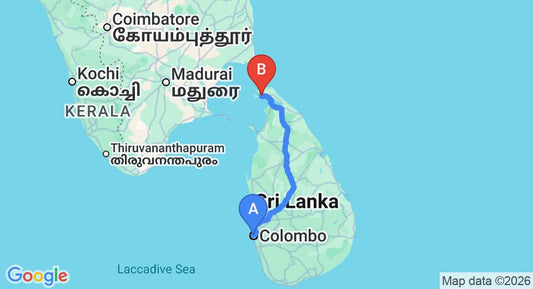 Driving route map: Colombo Seaport to Jaffna (406 km, approx 7 h 48 min private transfer)