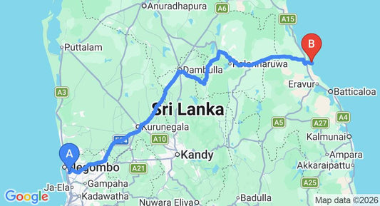 Driving route map: Colombo Airport (CMB) to Amanda Beach Resort, Pasikuda (267 km, approx 5 h 28 min private transfer)