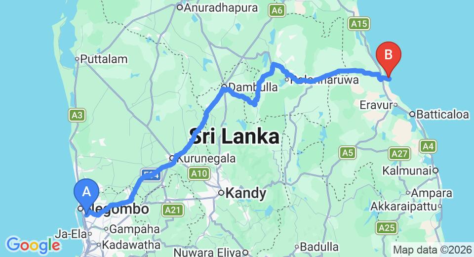 Driving route map: Colombo Airport (CMB) to Sun Aqua, pasikuda (267 km, approx 5 h 28 min private transfer)