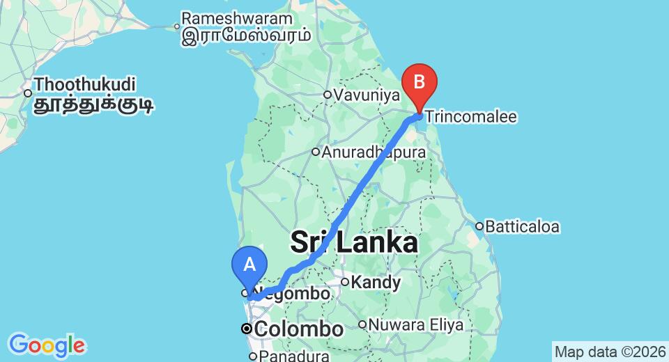 Driving route map: Colombo Airport (CMB) to Trincoabsara City Hotel, Trincomalee (236 km, approx 4 h 48 min private transfer)