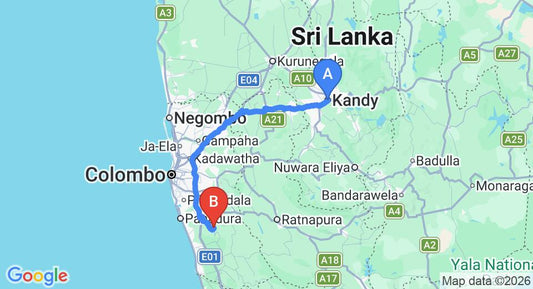 Driving route map: Kandy to Yala (146 km, approx 3 h 49 min private transfer)