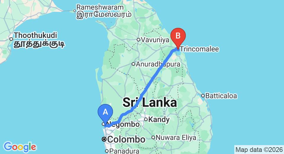 Driving route map: Colombo Airport (CMB) to Hotel Blue Waves, Trincomalee (238 km, approx 4 h 50 min private transfer)