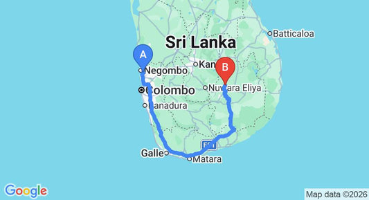 Driving route map: Colombo Airport (CMB) to Badulla Rest House, Badulla (355 km, approx 5 h 34 min private transfer)