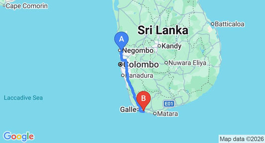 Driving route map: Colombo Airport (CMB) to The Long Beach Resort, Koggala (161 km, approx 2 h 21 min private transfer)