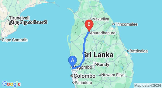 Driving route map: Colombo Airport (CMB) to Miridiya Lake Resort, Anuradhapura (176 km, approx 3 h 49 min private transfer)
