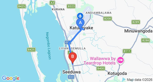 Driving route map: Colombo Airport (CMB) to Sasha Transit Hotel, Katunayake (6 km, approx 13 min private transfer)