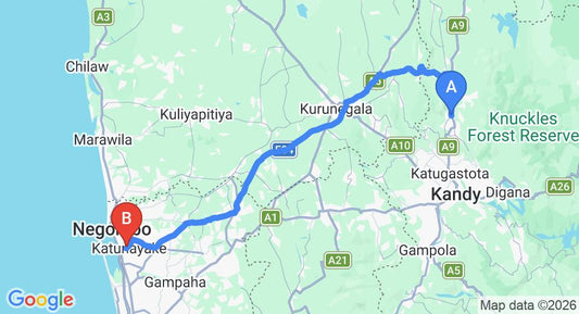 Driving route map: Matale to Colombo Airport (CMB) (123 km, approx 2 h 51 min private transfer)