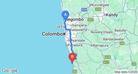 Driving route map: Colombo Airport (CMB) to South Beach Villa@69, Bentota (115 km, approx 1 h 50 min private transfer)
