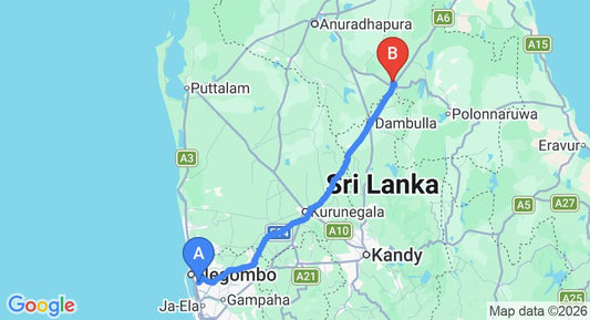 Driving route map: Colombo Airport (CMB) to Travelway Bungalow, Habarana (154 km, approx 3 h 19 min private transfer)