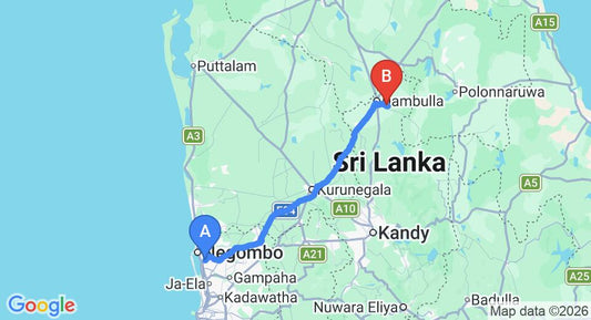 Driving route map: Colombo Airport (CMB) to Kandalama Lake Resort, Dambulla (135 km, approx 2 h 57 min private transfer)