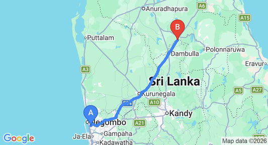 Driving route map: Colombo Airport (CMB) to Serendib Garden Resort, Habarana (147 km, approx 3 h 8 min private transfer)
