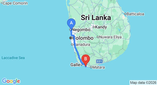Driving route map: Colombo Airport (CMB) to Ahangama House, Ahangama (165 km, approx 2 h 22 min private transfer)