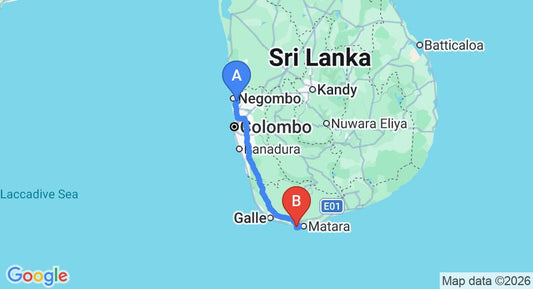 Driving route map: Colombo Airport (CMB) to Ocean Villa Ranmanik, Mirissa (182 km, approx 2 h 40 min private transfer)