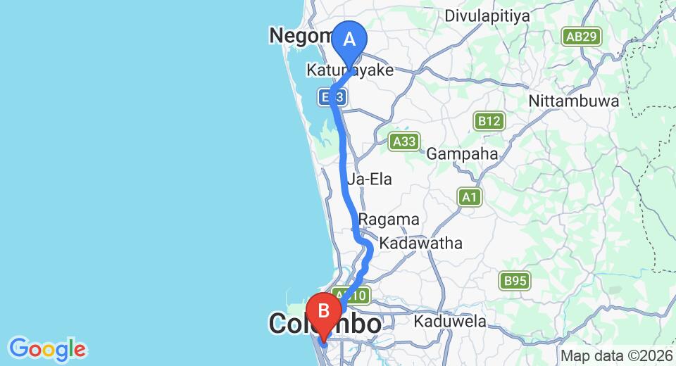 Driving route map: Colombo Airport (CMB) to Maniumpathy Hotel, Colombo (35 km, approx 48 min private transfer)