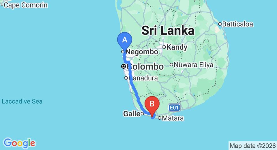 Driving route map: Colombo Airport (CMB) to The Villa Tissa Beach Resort, Weligama (176 km, approx 2 h 32 min private transfer)