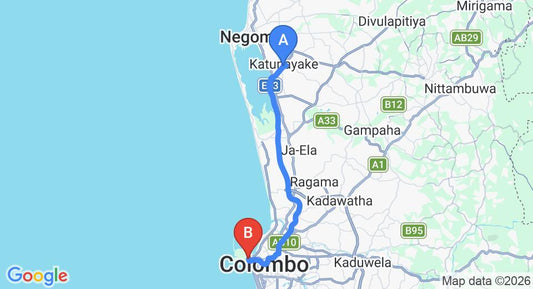 Driving route map: Colombo Airport (CMB) to The Kingsbury, Colombo (35 km, approx 45 min private transfer)