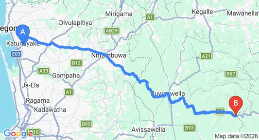 Driving route map: Colombo Airport (CMB) to Sandalu Eco Resort, Kitulgala (84 km, approx 2 h 29 min private transfer)