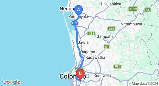 Driving route map: Colombo Airport (CMB) to The Sovereign Corporate Hotel, Colombo (34 km, approx 45 min private transfer)