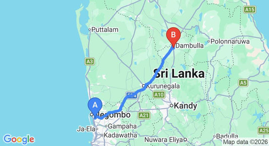 Driving route map: Colombo Airport (CMB) to Sundaras Resort, Dambulla (130 km, approx 2 h 49 min private transfer)