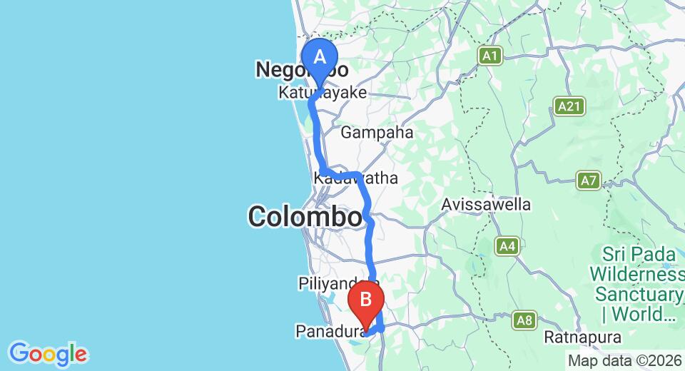 Driving route map: Colombo Airport (CMB) to Citrus Aqua, Bolgoda (68 km, approx 1 h 7 min private transfer)