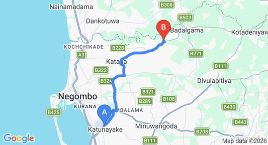 Driving route map: Colombo Airport (CMB) to Akaragama (18 km, approx 35 min private transfer)