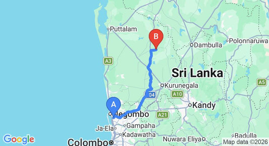 Driving route map: Colombo Airport (CMB) to Yapahuwa (115 km, approx 2 h 37 min private transfer)