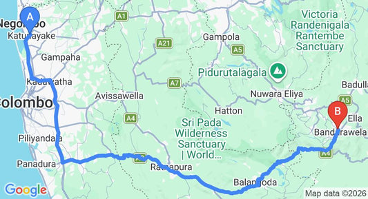 Driving route map: Colombo Airport (CMB) to Orient Hotel, Bandarawela (219 km, approx 5 h 20 min private transfer)