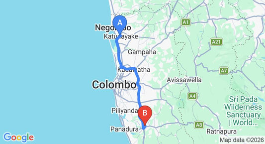 Driving route map: Colombo Airport (CMB) to Uyanwatta Holiday Bungalow, Bandaragama (65 km, approx 1 h 2 min private transfer)