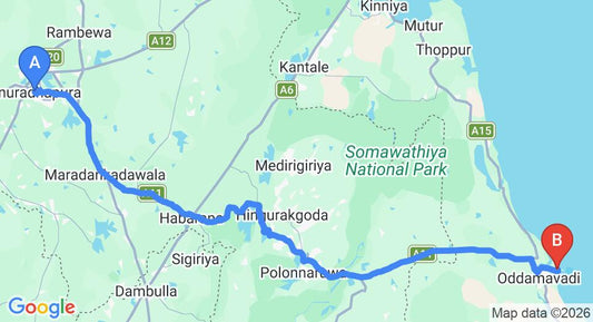 Driving route map: Anuradhapura to Pasikuda (172 km, approx 3 h 26 min private transfer)
