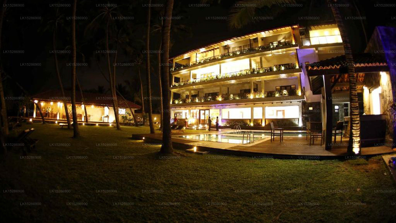 The image depicts the Blue Beach Hotel in Wadduwa, showcasing its lush grounds and beachfront location with a nighttime view. The hotel features a large, modern building with multiple floors, set against a backdrop of greenery and a clear night sky.