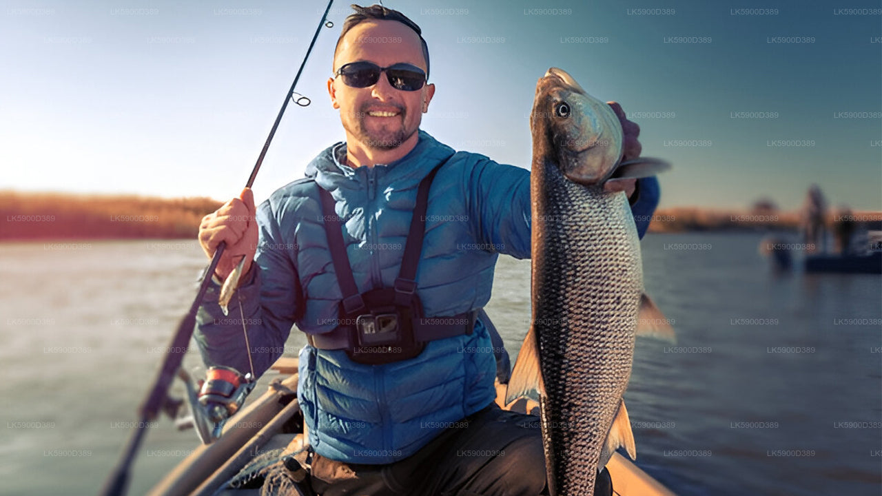 Man on a boat holding a large fish and a fishing rod.