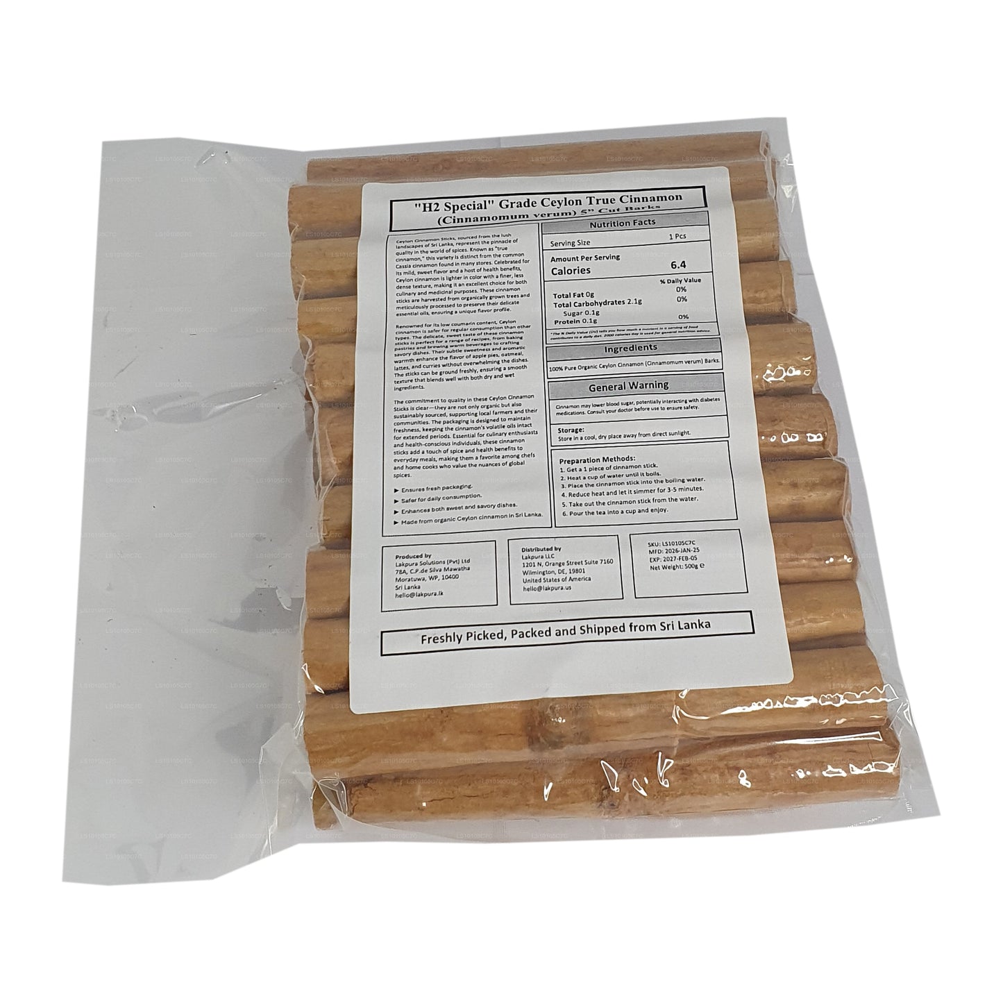 Lakpura® "H2 Special" Grade Ceylon True Cinnamon Barks 5" Cut Pack
