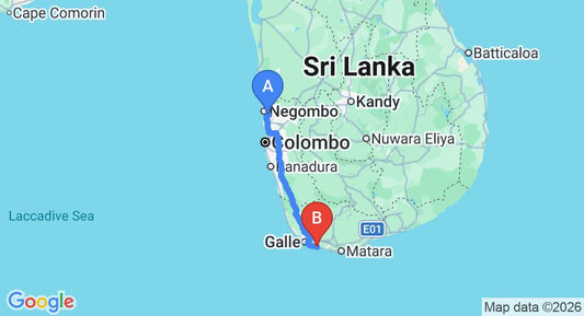Driving route map: Colombo Airport (CMB) to Club Koggala Village, Koggala (161 km, approx 2 h 21 min private transfer)