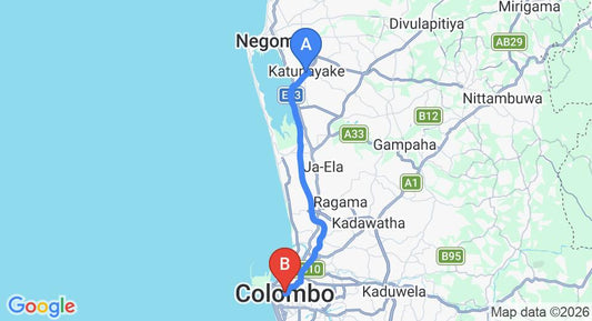 Driving route map: Colombo Airport (CMB) to Aranga - La, Colombo (32 km, approx 39 min private transfer)