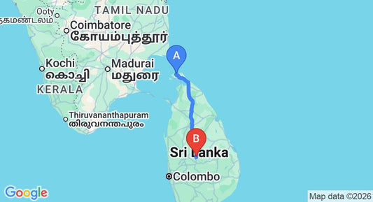 Driving route map: Jaffna (JAF) Airport to Matale (302 km, approx 5 h 59 min private transfer)