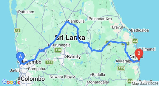 Driving route map: Colombo Airport (CMB) to Akkaraipattu (350 km, approx 7 h 2 min private transfer)