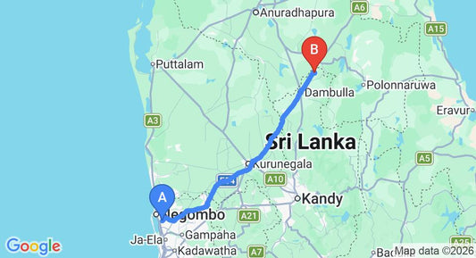 Driving route map: Colombo Airport (CMB) to Kassapa Lions Rock, Dambulla (145 km, approx 3 h 7 min private transfer)