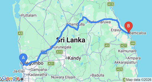 Driving route map: Colombo Airport (CMB) to Riviera Resort, Batticaloa (294 km, approx 6 h 9 min private transfer)
