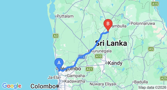 Driving route map: Colombo Airport (CMB) to Governor's Gangula, Dambulla (125 km, approx 2 h 51 min private transfer)
