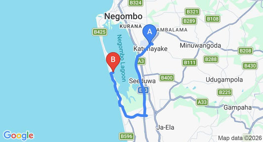Driving route map: Colombo Airport (CMB) to Hotel Lagoon Paradise, Negombo (22 km, approx 35 min private transfer)