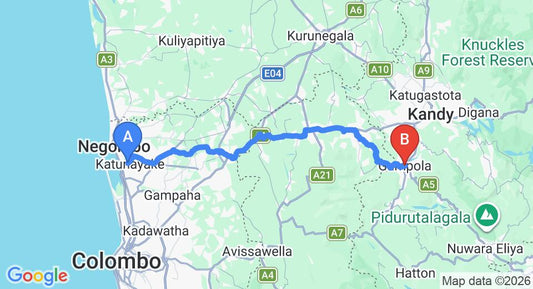 Driving route map: Colombo Airport (CMB) to Gampola (105 km, approx 3 h 8 min private transfer)