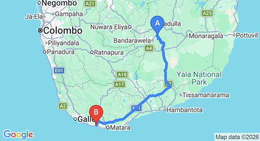 Driving route map: Ella to Weligama (178 km, approx 3 h 2 min private transfer)