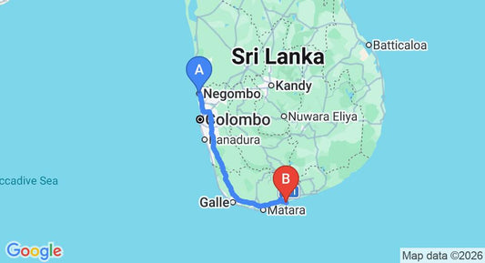 Driving route map: Negombo to Tangalle (214 km, approx 2 h 54 min private transfer)
