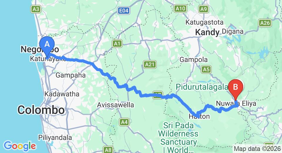 Driving route map: Colombo Airport (CMB) to Nuwara Eliya Golf Club, Nuwara Eliya (154 km, approx 4 h 45 min private transfer)