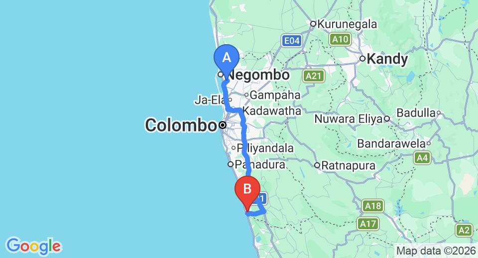 Driving route map: Colombo Airport (CMB) to Bougain Villa, Bentota (106 km, approx 1 h 37 min private transfer)