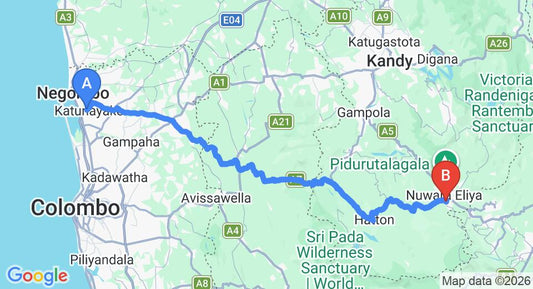 Driving route map: Colombo Airport (CMB) to Blackpool, Nuwara Eliya (151 km, approx 4 h 40 min private transfer)